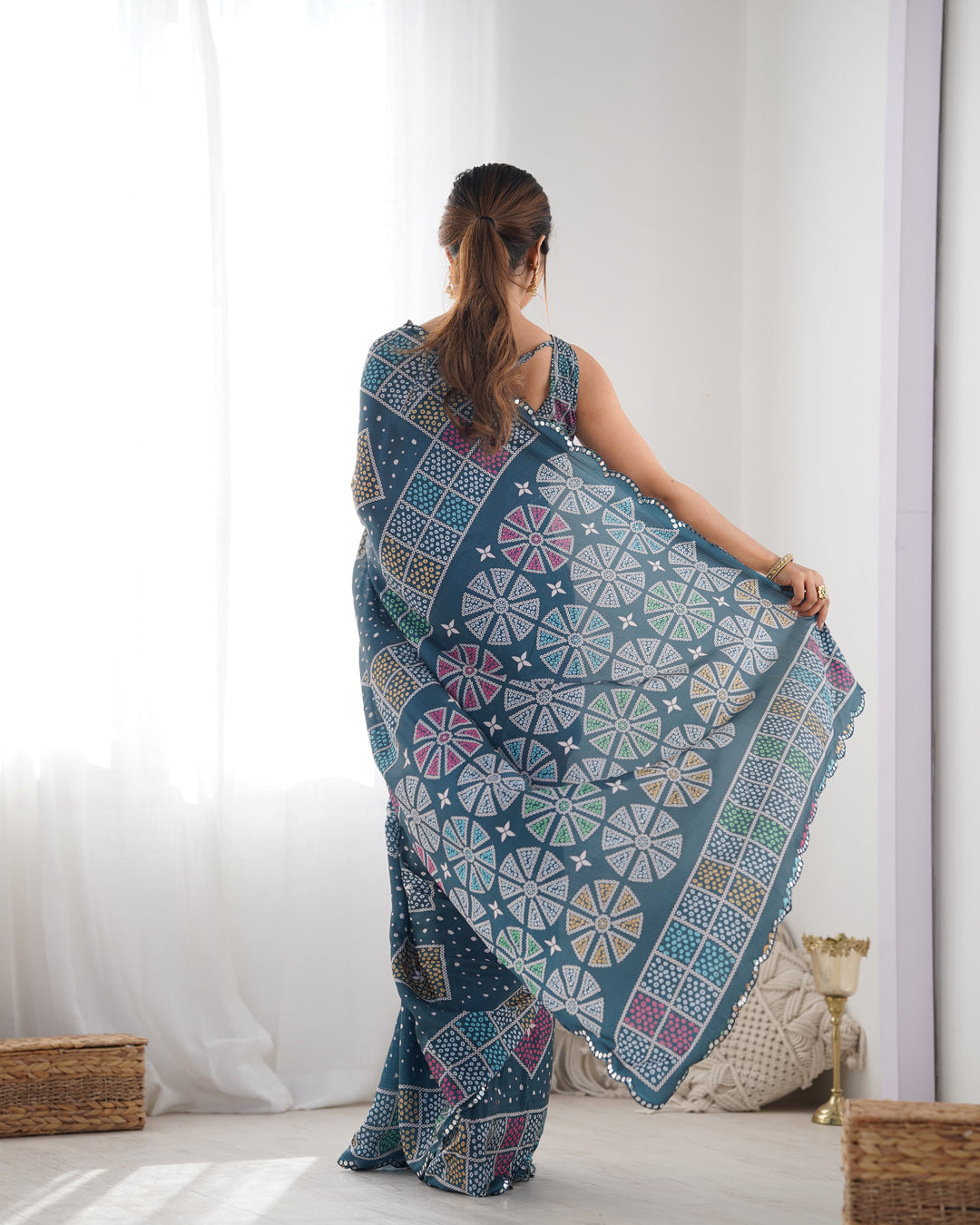 Stylish Designer Chinon Saree | Teal Blue with Mirror Cut & Print Work