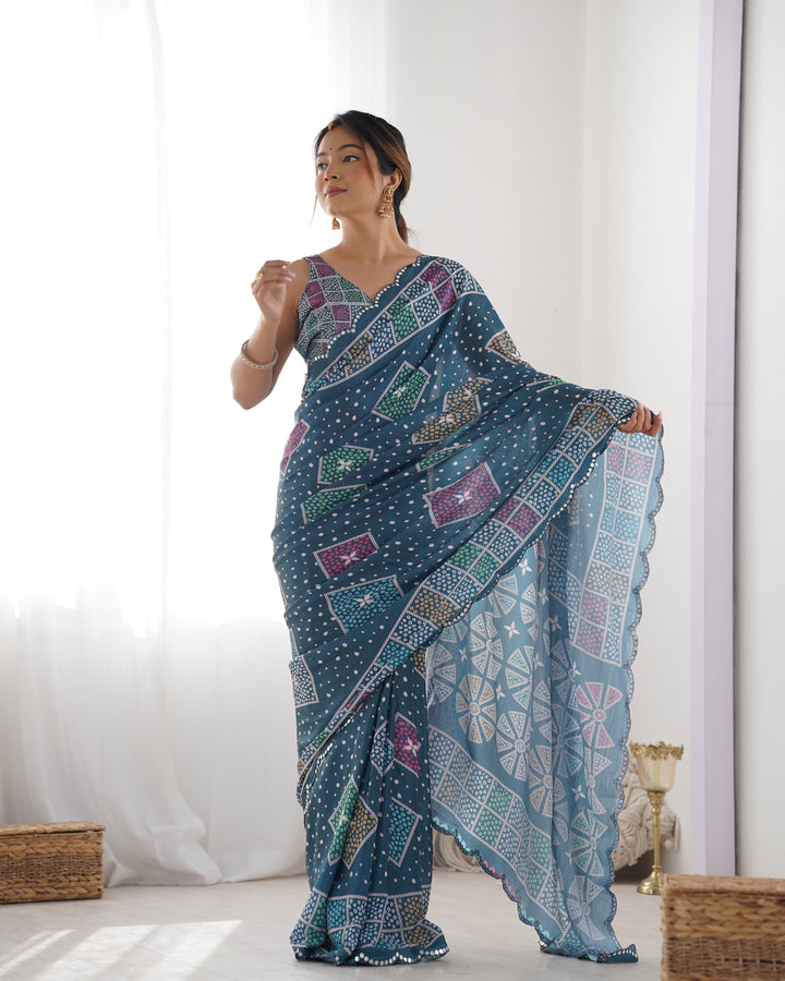 Stylish Designer Chinon Saree | Teal Blue with Mirror Cut & Print Work