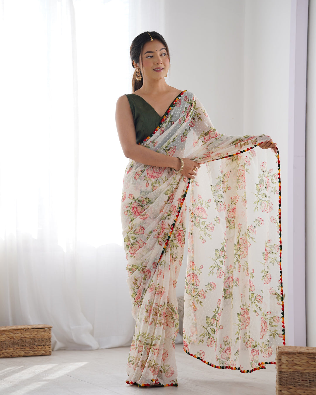 Off-White Designer Georgette Saree | Party Wear Butti & Printed Work