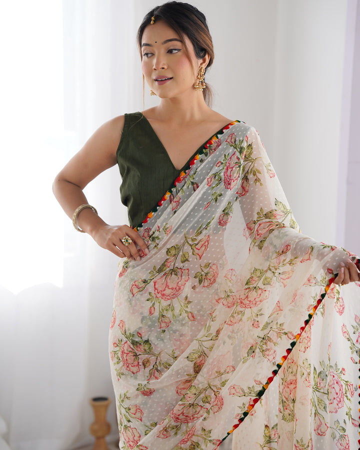 Off-White Designer Georgette Saree | Party Wear Butti & Printed Work