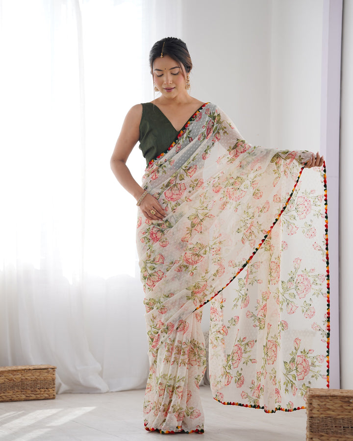 Off-White Designer Georgette Saree | Party Wear Butti & Printed Work