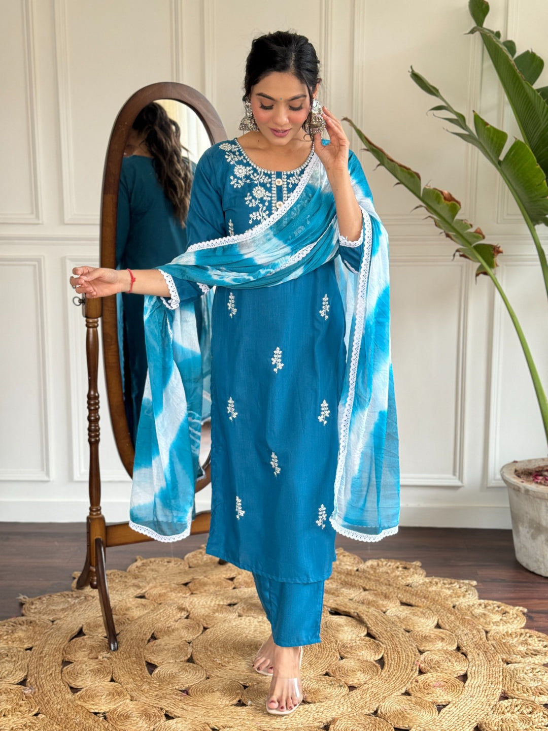 Stunning Blue Readymade Suit | Rayon Slub Fabric with Embroidery Work