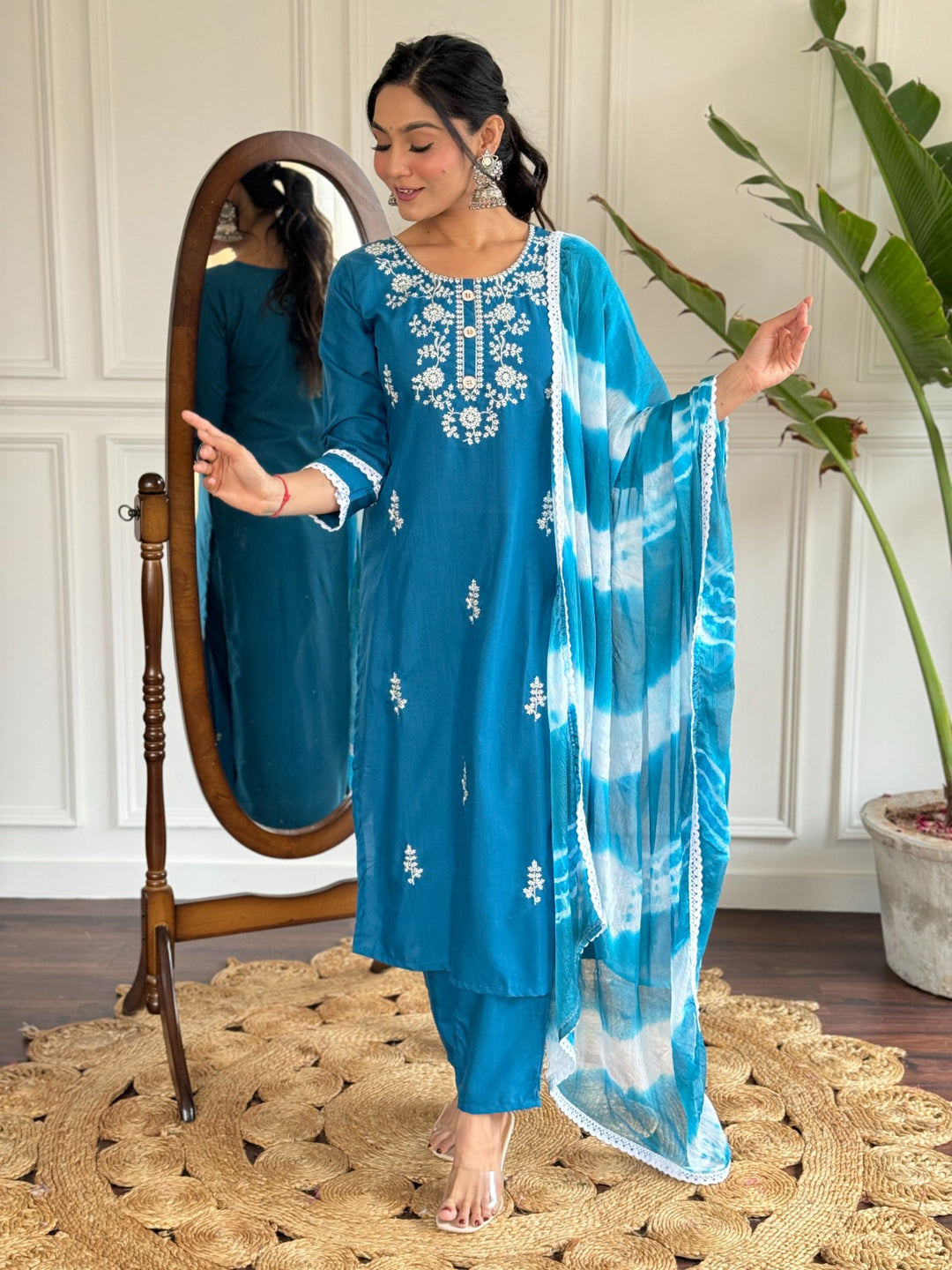 Stunning Blue Readymade Suit | Rayon Slub Fabric with Embroidery Work