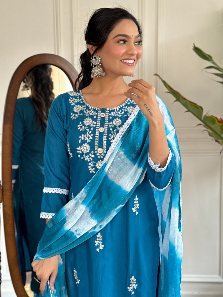 Stunning Blue Readymade Suit | Rayon Slub Fabric with Embroidery Work