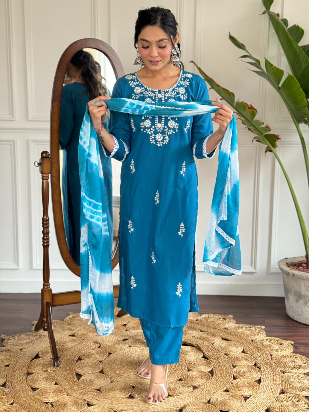 Stunning Blue Readymade Suit | Rayon Slub Fabric with Embroidery Work