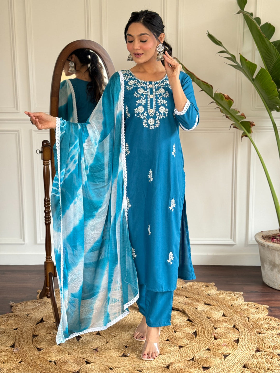 Stunning Blue Readymade Suit | Rayon Slub Fabric with Embroidery Work