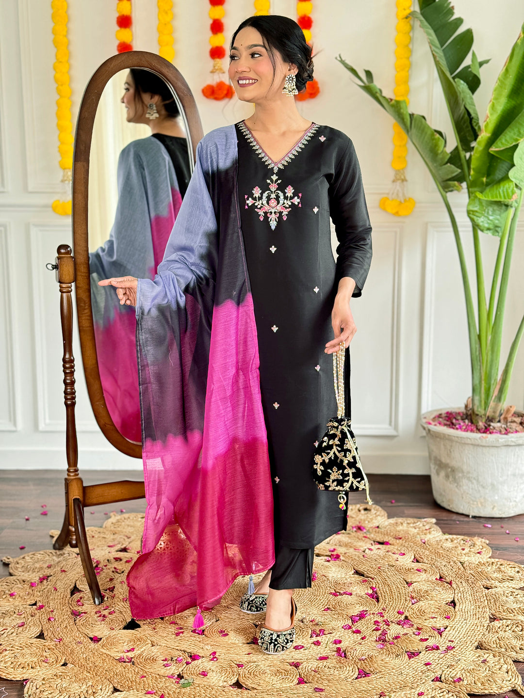 Gorgeous Black Ethnic Suit | Viscose Chanderi Designer Work