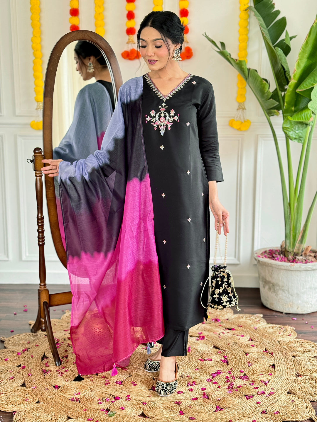 Gorgeous Black Ethnic Suit | Viscose Chanderi Designer Work