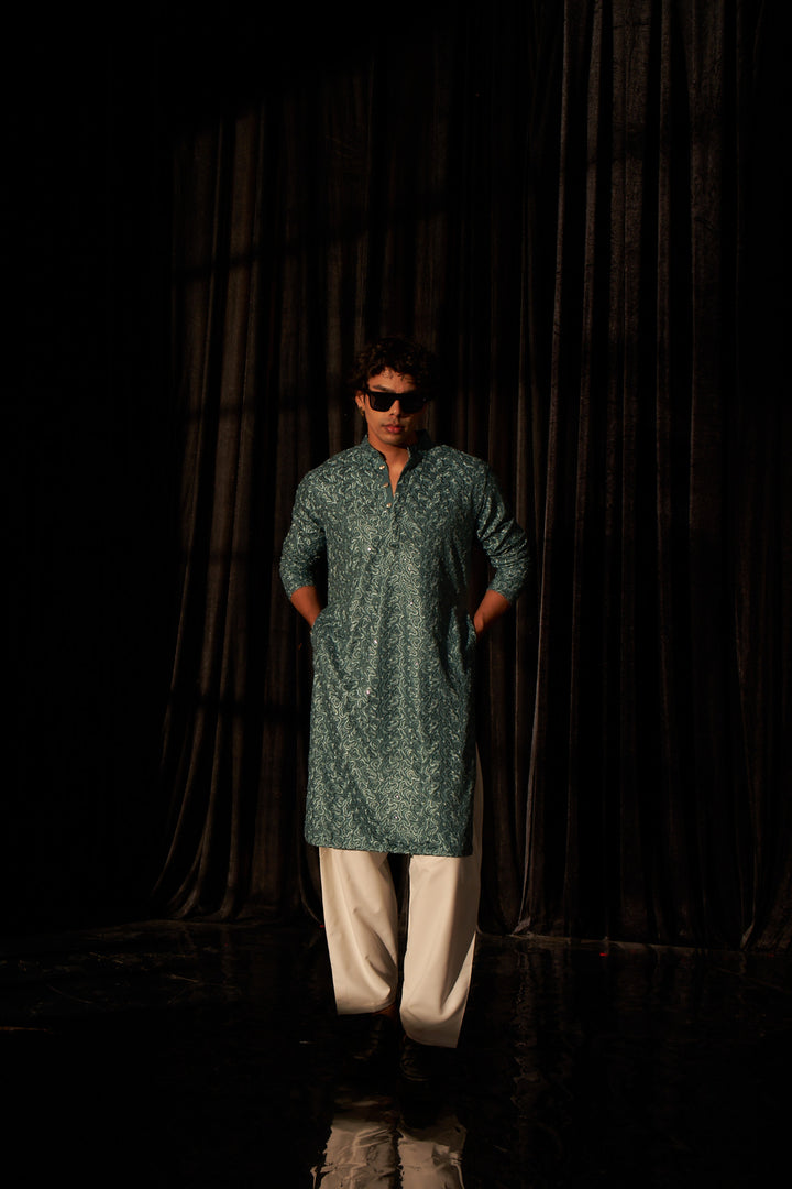 Wedding-Ready Kurta | Elegant Chikankari Work with Art Silk Bottom