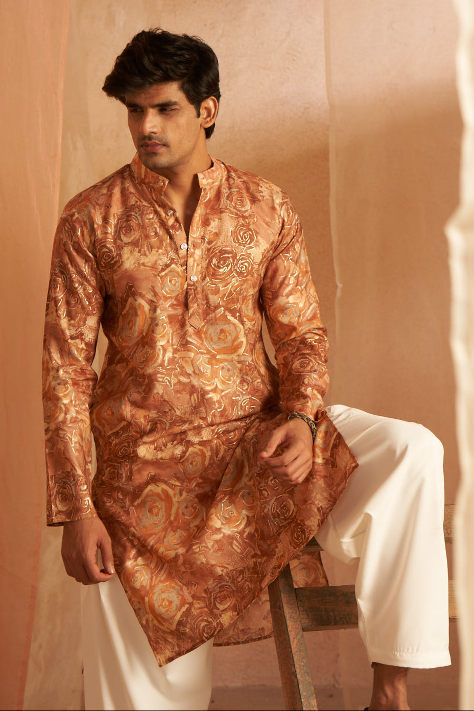 Designer Printed Bronze & Cream Kurta Pajama | Modal Silk & Art Silk Festive Wear