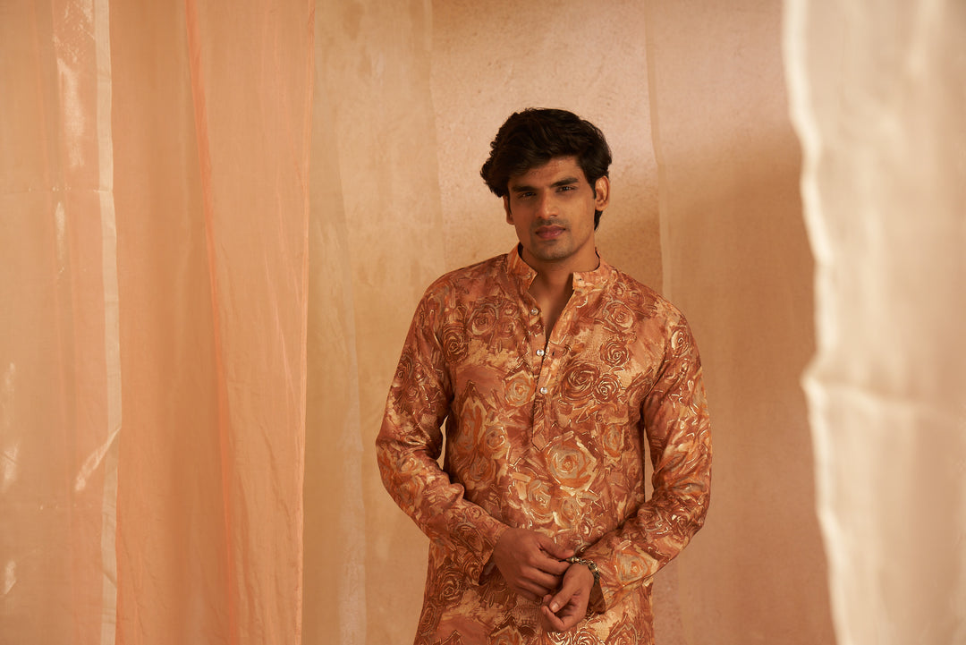 Designer Printed Bronze & Cream Kurta Pajama | Modal Silk & Art Silk Festive Wear