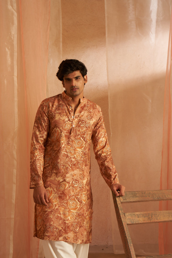 Designer Printed Bronze & Cream Kurta Pajama | Modal Silk & Art Silk Festive Wear