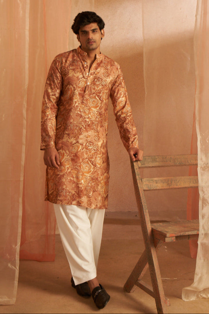 Designer Printed Bronze & Cream Kurta Pajama | Modal Silk & Art Silk Festive Wear