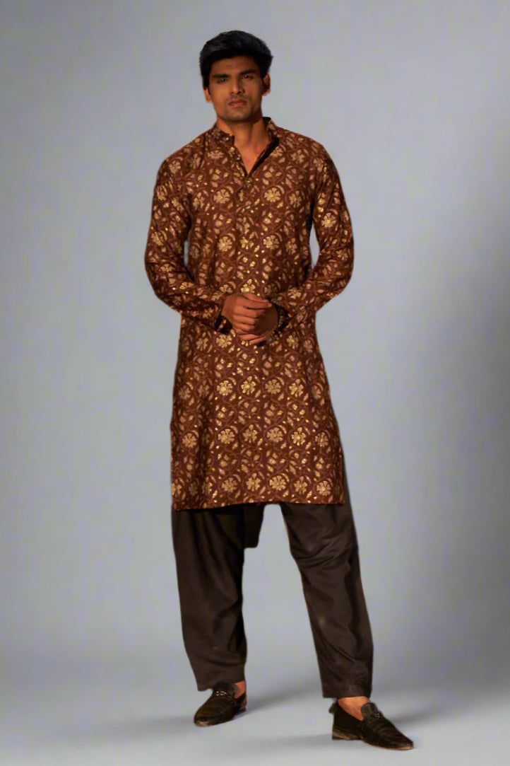 Brown Kurta Pajama Set | Modal Silk Art Silk Bottom Designer Print Festive Wear