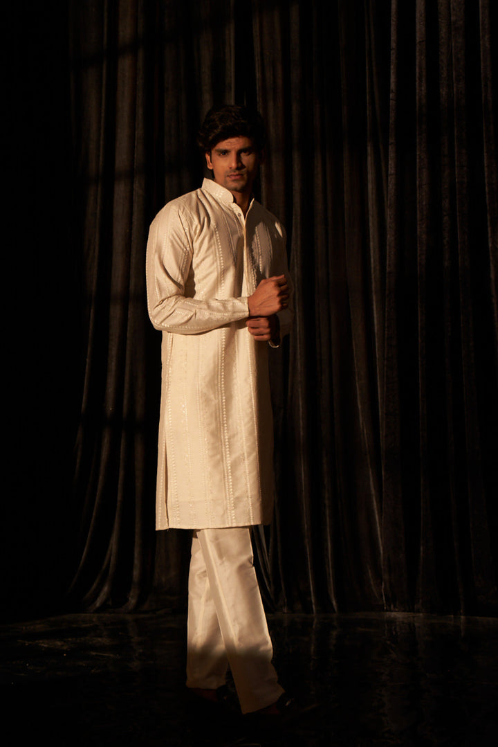 Off-White Silk Kurta Set | Art Silk Pajama Designer Embroidery Work