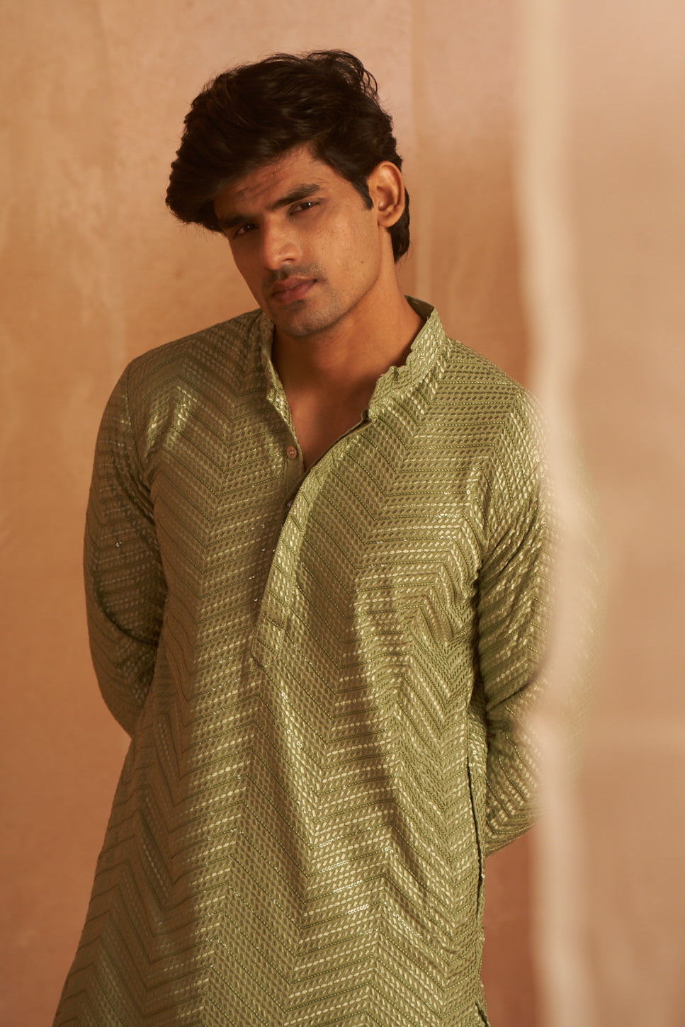 Pista Green Traditional Ethnic Kurta Pyjama | Stylish Wevon Design for Men