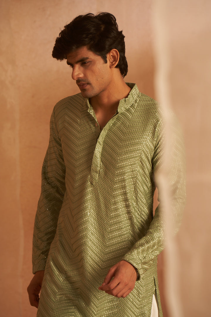 Pista Green Traditional Ethnic Kurta Pyjama | Stylish Wevon Design for Men