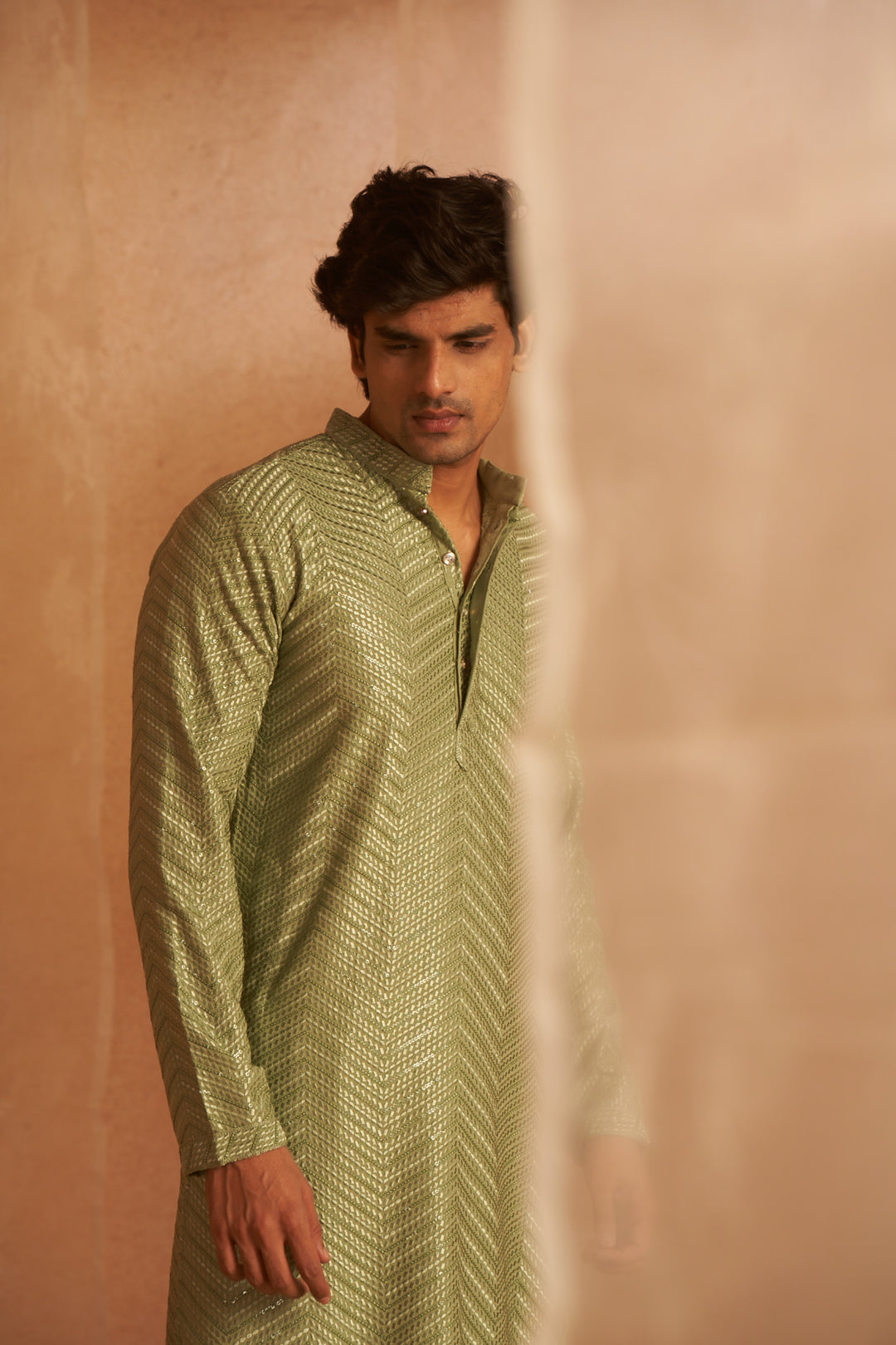 Pista Green Traditional Ethnic Kurta Pyjama | Stylish Wevon Design for Men