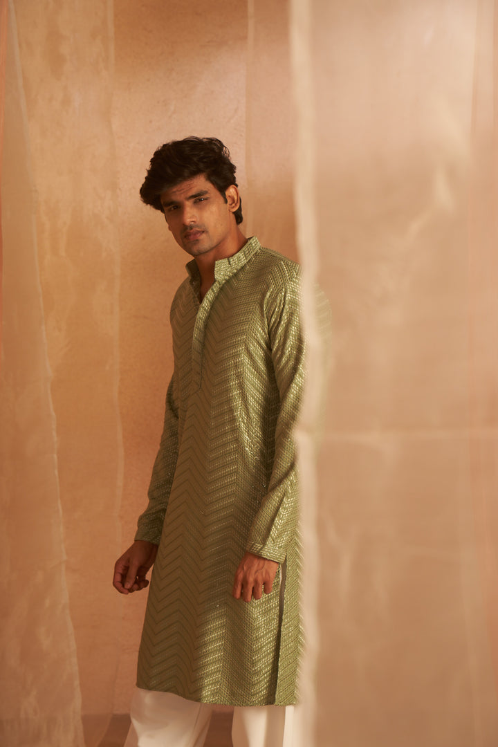 Pista Green Traditional Ethnic Kurta Pyjama | Stylish Wevon Design for Men