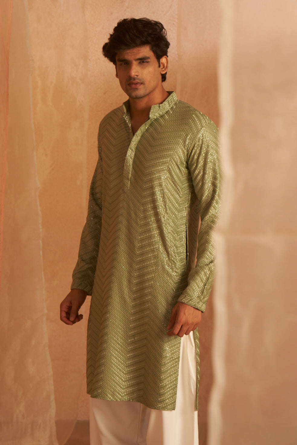 Pista Green Traditional Ethnic Kurta Pyjama | Stylish Wevon Design for Men