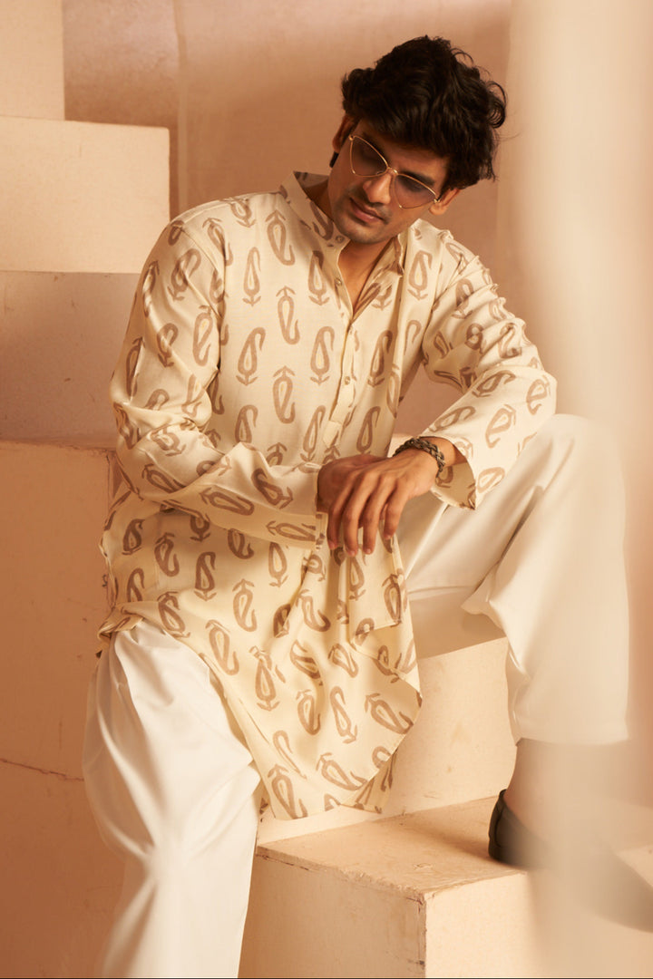 Off-White Modern Kurta Pajama | Designer Printed Work in Rich Silk Blend