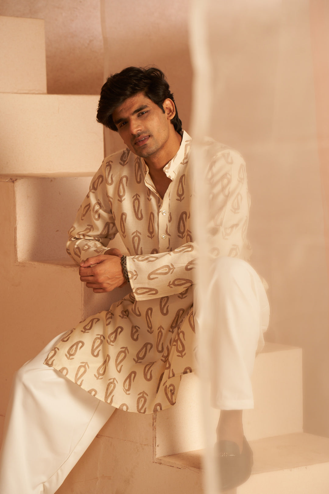 Off-White Modern Kurta Pajama | Designer Printed Work in Rich Silk Blend