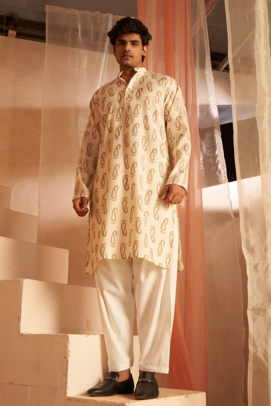 Off-White Modern Kurta Pajama | Designer Printed Work in Rich Silk Blend