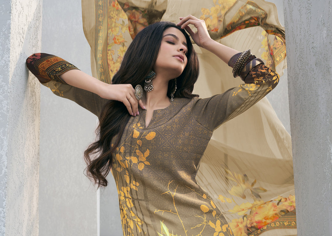 Elegant Brown Crepe Suit | Designer Digital Print Party Wear Ensemble