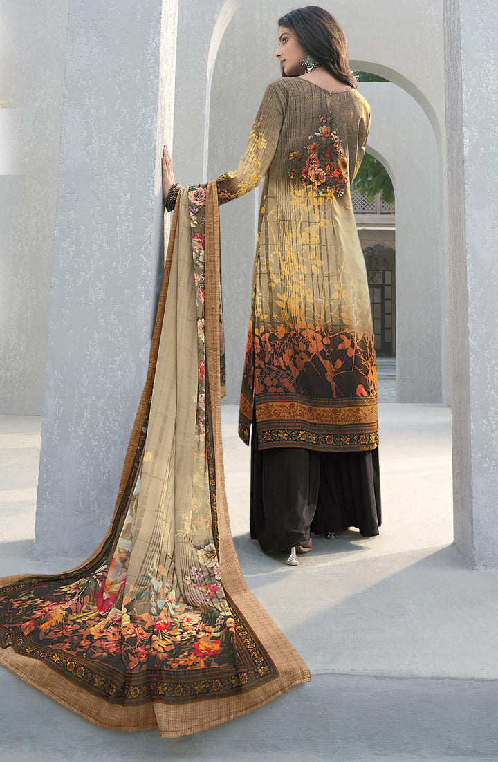 Elegant Brown Crepe Suit | Designer Digital Print Party Wear Ensemble