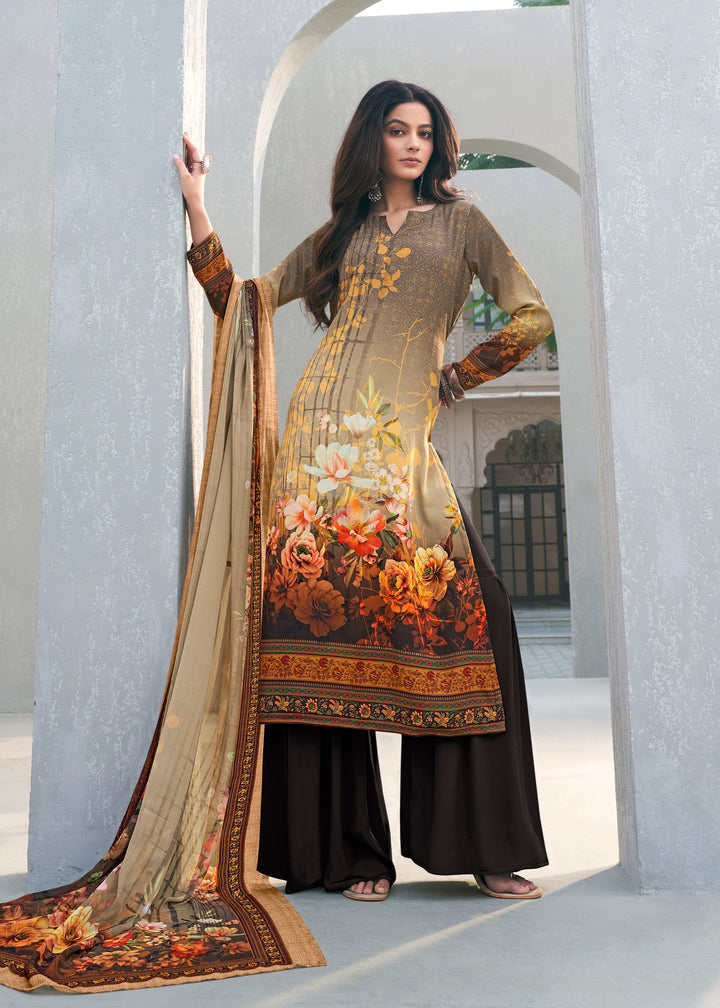 Elegant Brown Crepe Suit | Designer Digital Print Party Wear Ensemble