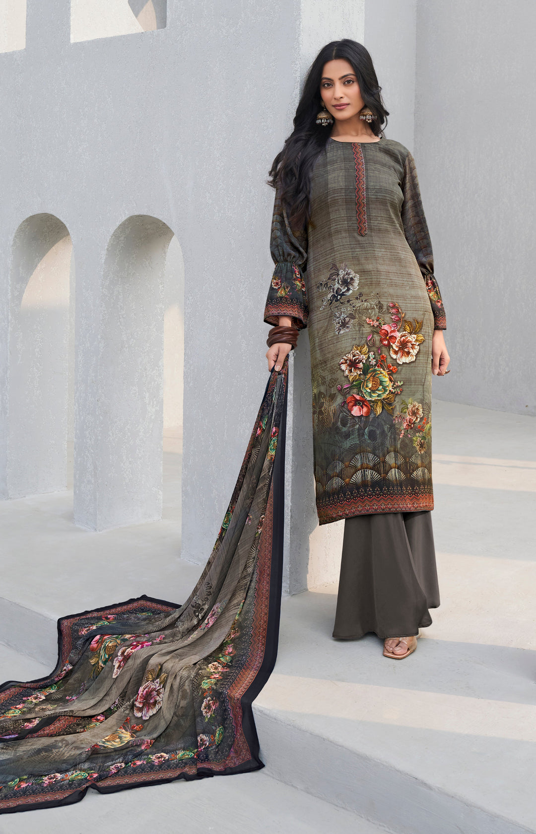 Fashionable Digital Printed Suit | Gray Crepe Top Georgette Dupatta