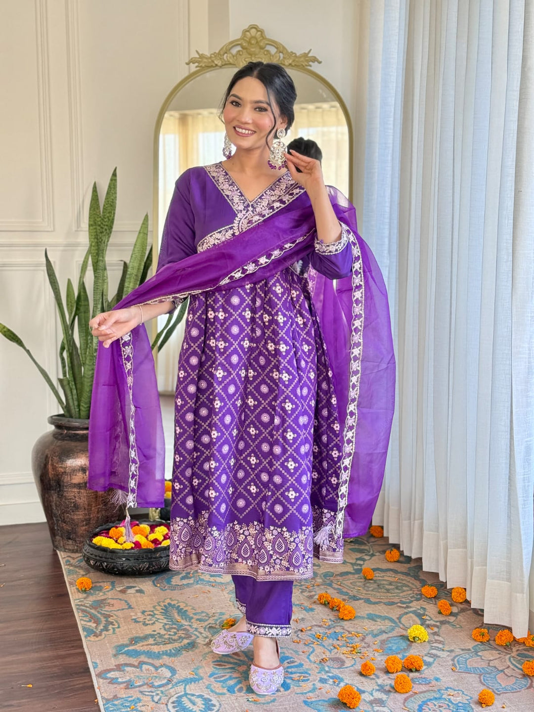 Violet Chanderi Silk Top | Designer Embroidery Work Organza Dupatta