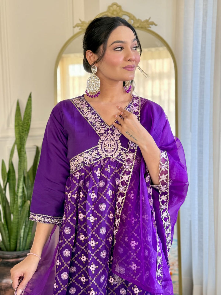 Violet Chanderi Silk Top | Designer Embroidery Work Organza Dupatta