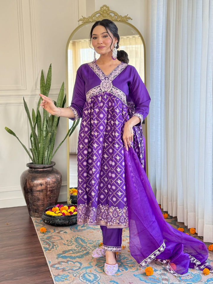 Violet Chanderi Silk Top | Designer Embroidery Work Organza Dupatta