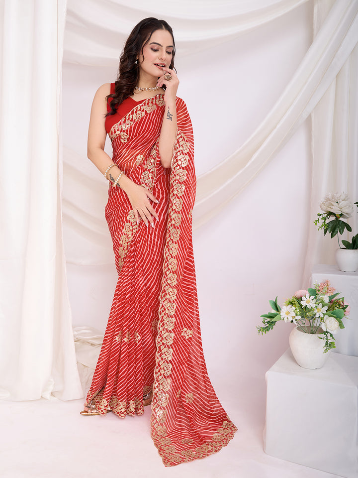 Designer Red Saree | Printed and Sequin Embroidery Work with Mono Banglori Fabric