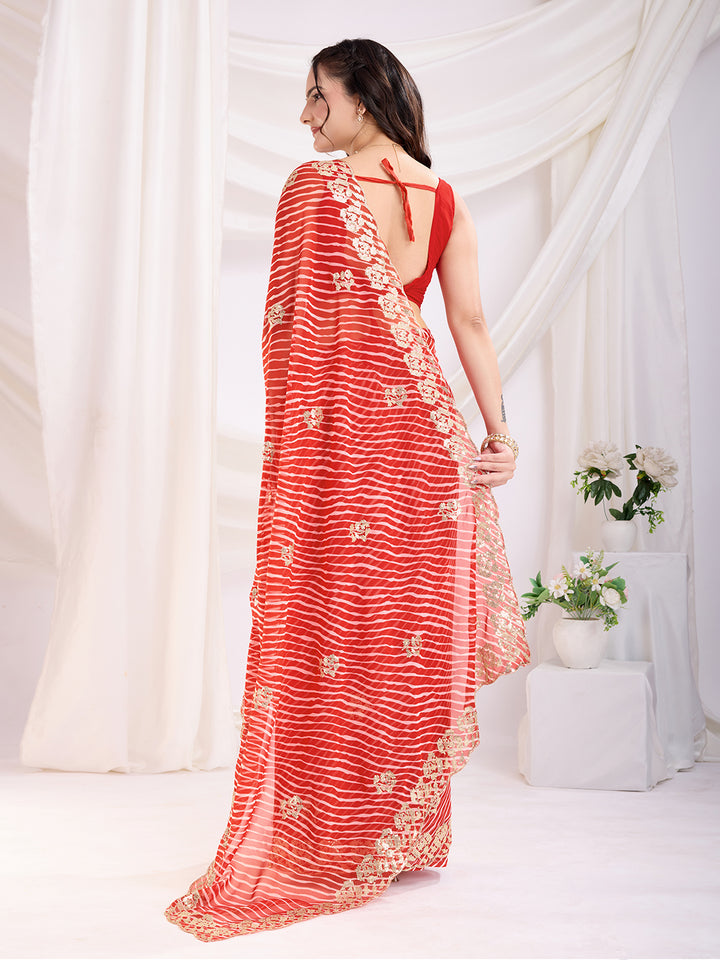 Designer Red Saree | Printed and Sequin Embroidery Work with Mono Banglori Fabric