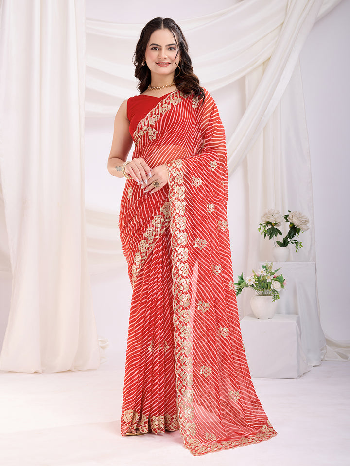 Designer Red Saree | Printed and Sequin Embroidery Work with Mono Banglori Fabric