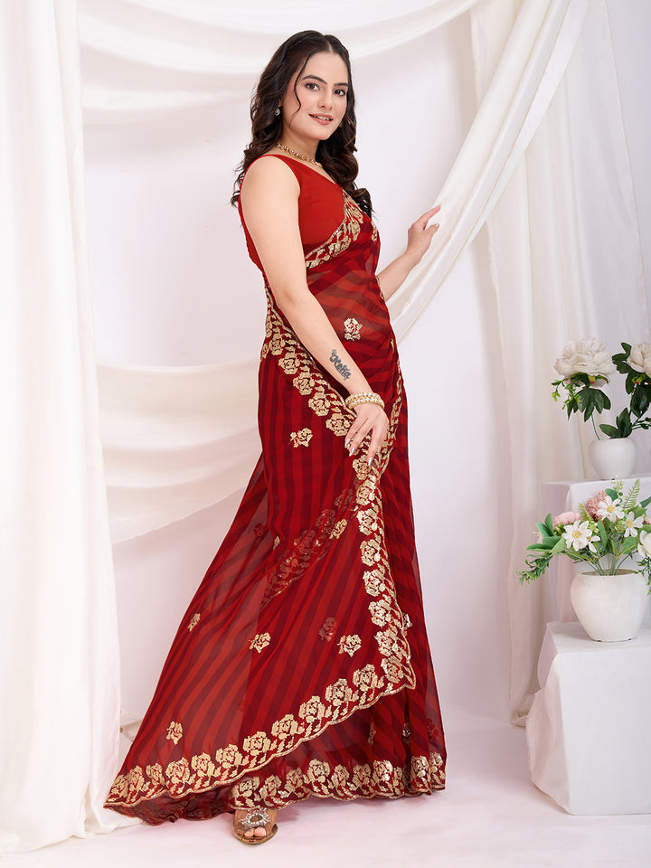 Maroon Georgette Saree | Printed and Sequin Embroidery Work with Mono Banglori Blouse