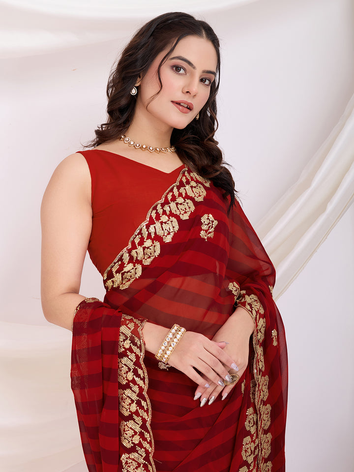 Maroon Georgette Saree | Printed and Sequin Embroidery Work with Mono Banglori Blouse