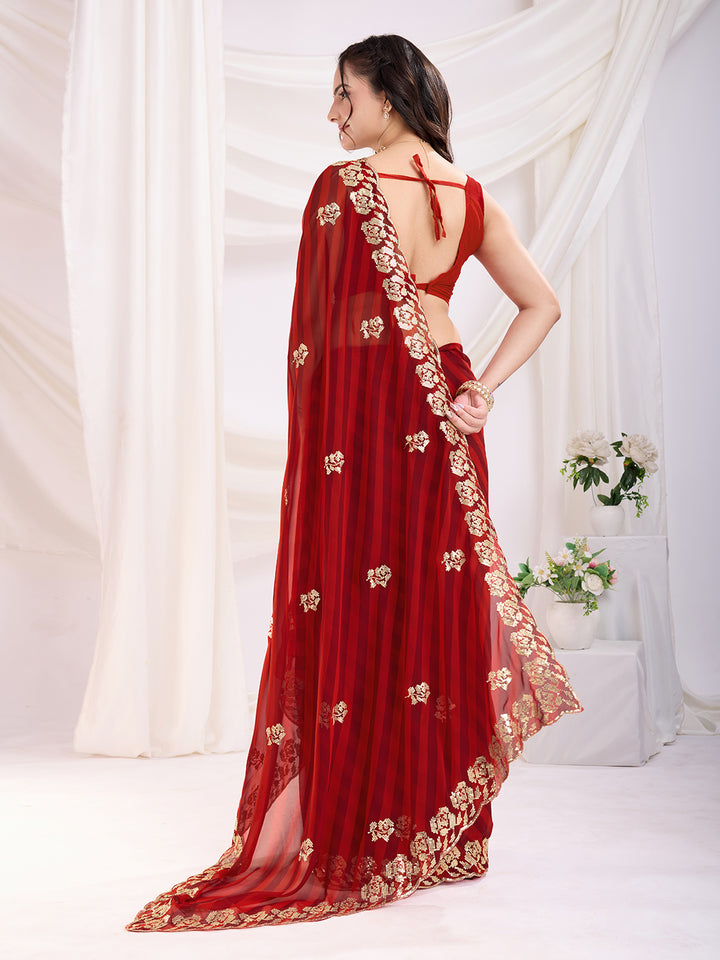 Maroon Georgette Saree | Printed and Sequin Embroidery Work with Mono Banglori Blouse