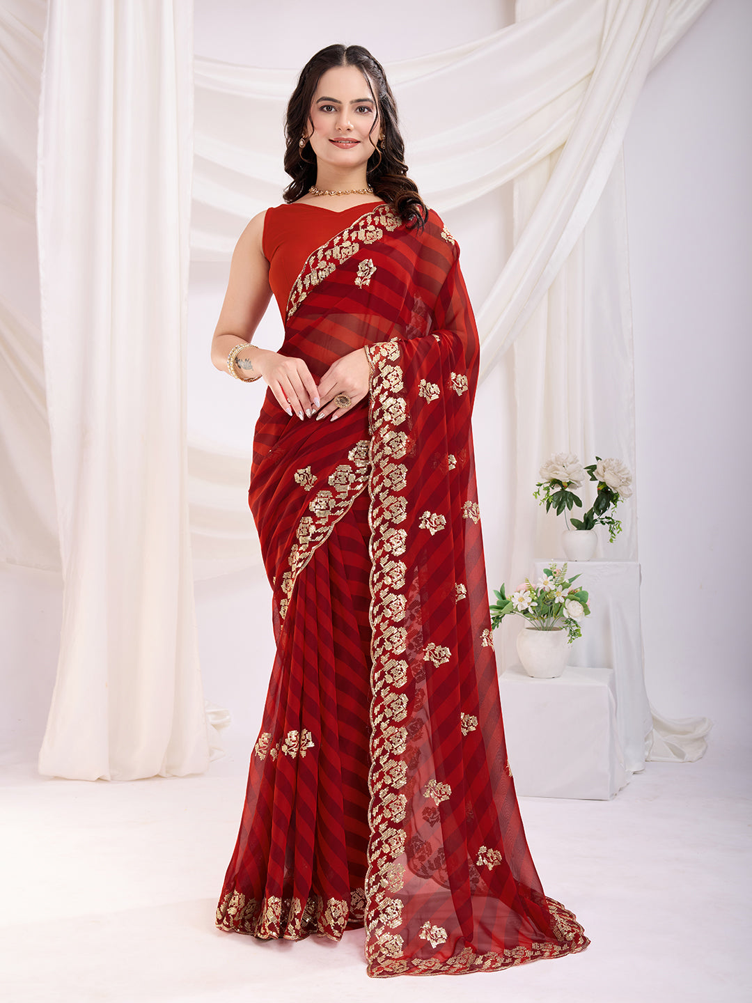 Maroon Georgette Saree | Printed and Sequin Embroidery Work with Mono Banglori Blouse