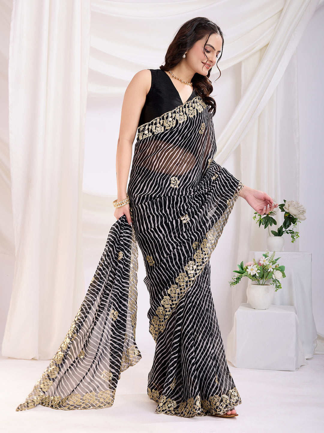 Designer Black Saree | Printed and Sequin Embroidery Work with Mono Banglori Fabric