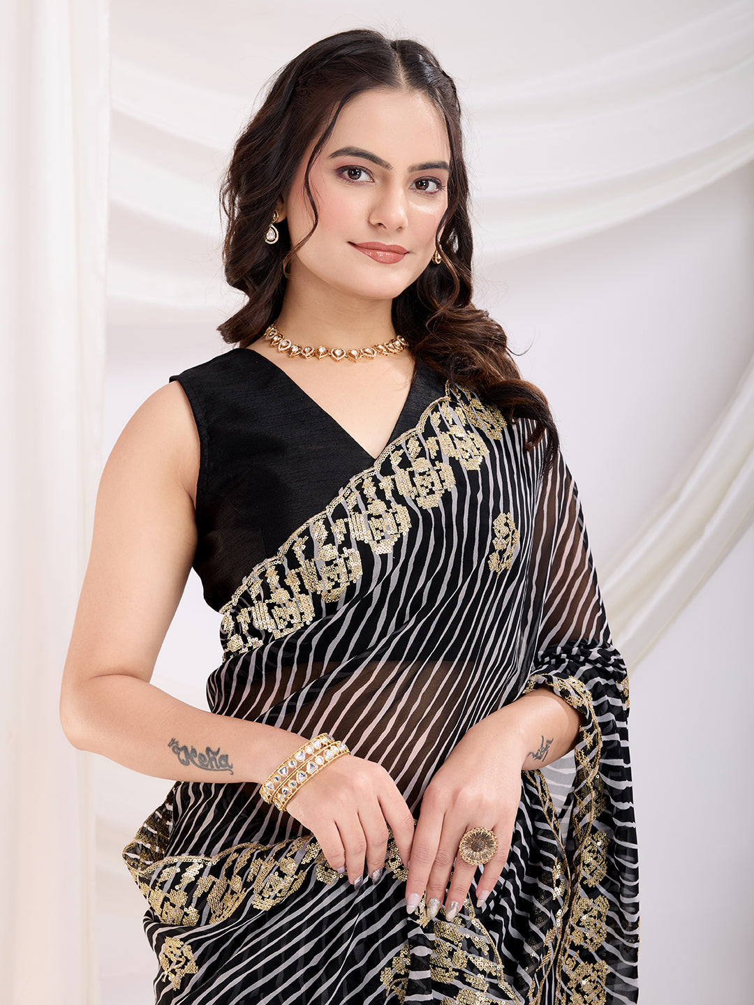 Designer Black Saree | Printed and Sequin Embroidery Work with Mono Banglori Fabric