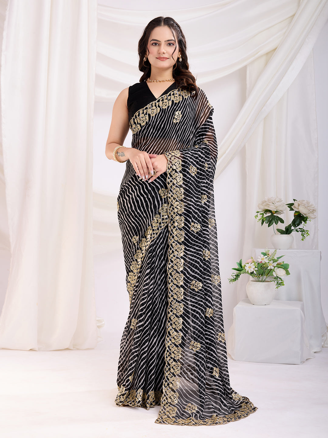 Designer Black Saree | Printed and Sequin Embroidery Work with Mono Banglori Fabric