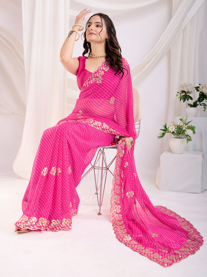 Designer Pink Saree | Printed and Sequin Embroidery Work with Blouse