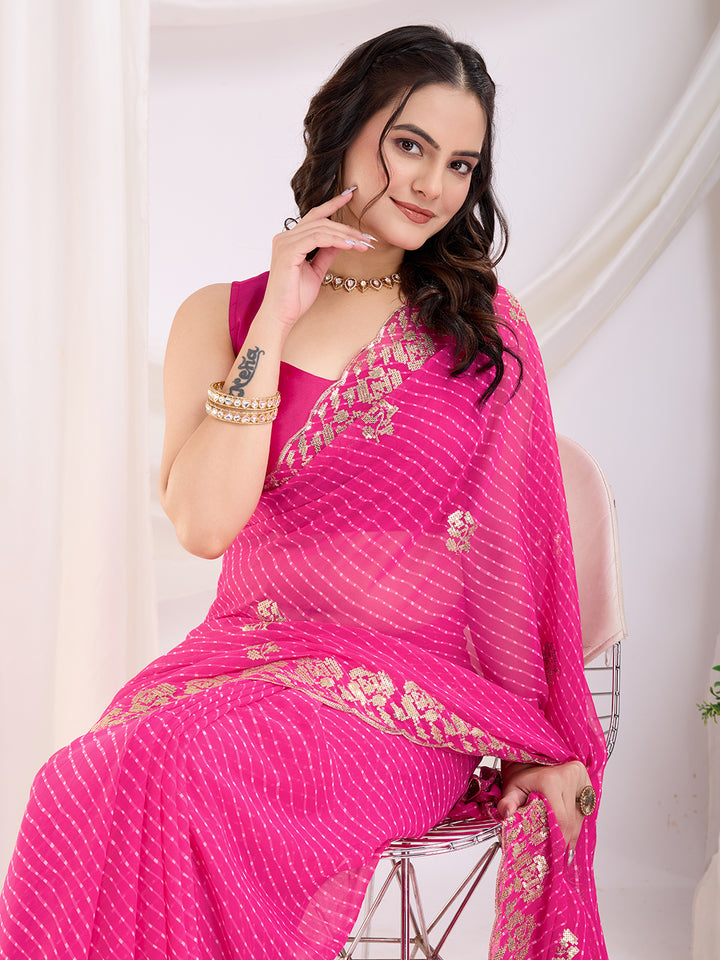 Designer Pink Saree | Printed and Sequin Embroidery Work with Blouse