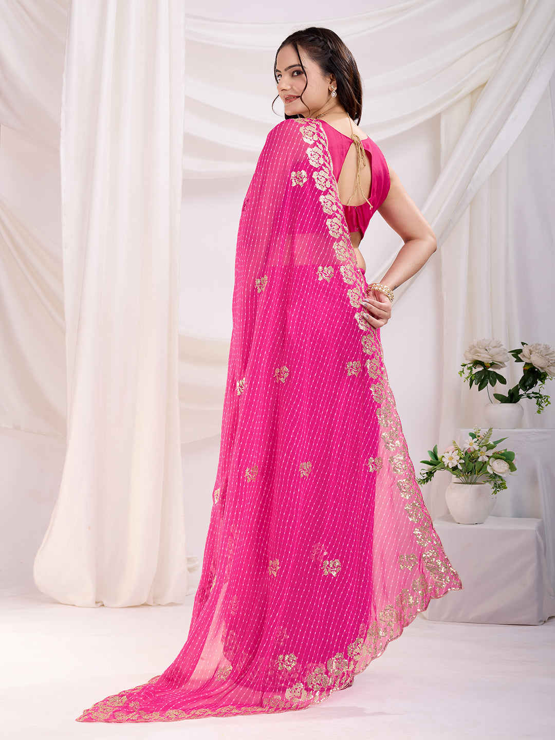 Designer Pink Saree | Printed and Sequin Embroidery Work with Blouse