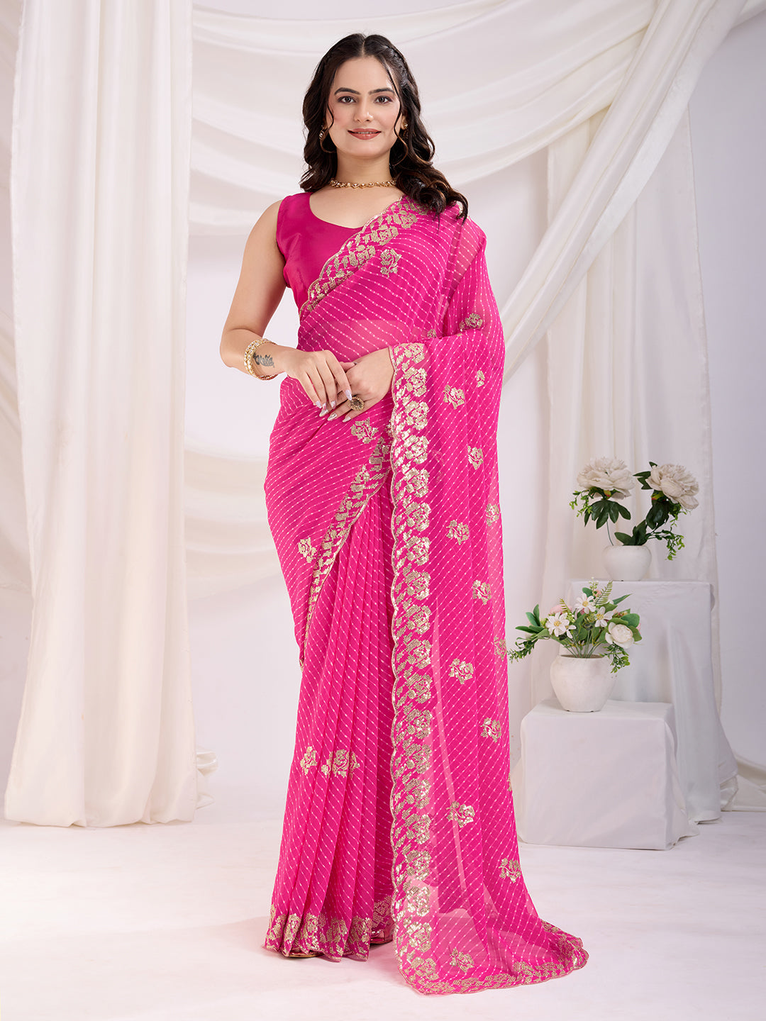 Designer Pink Saree | Printed and Sequin Embroidery Work with Blouse