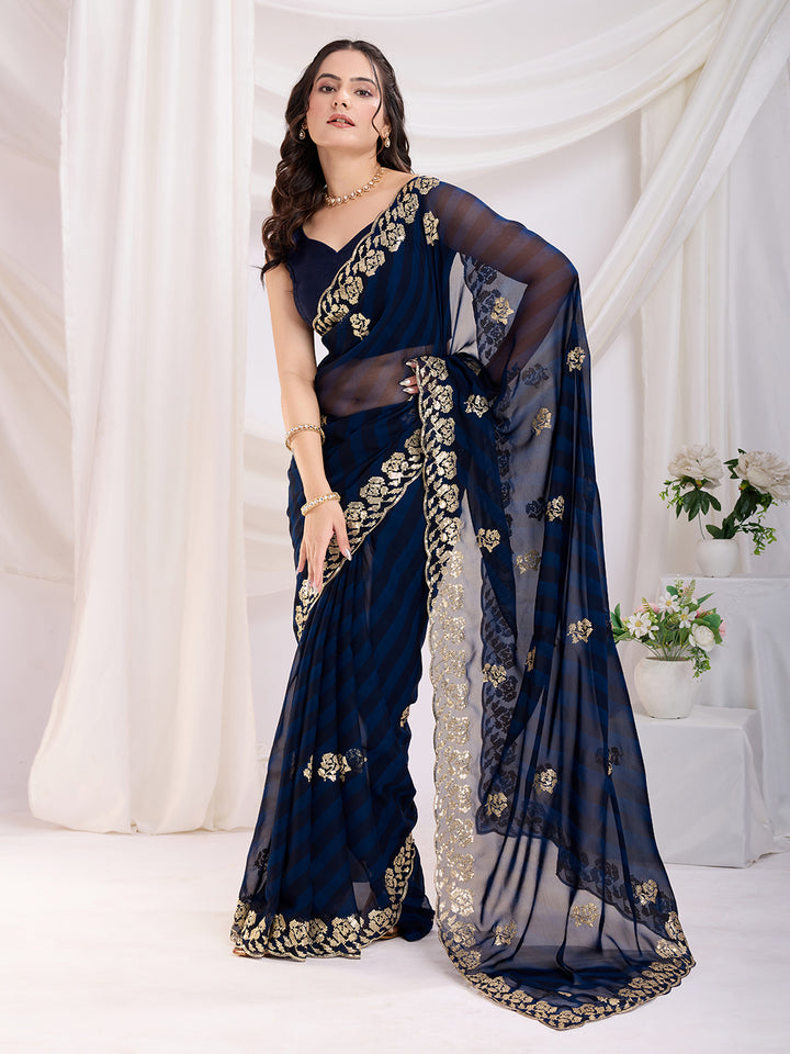 Designer Dark Blue Saree | Printed & Sequance Embroidery Work with Banglori Blouse