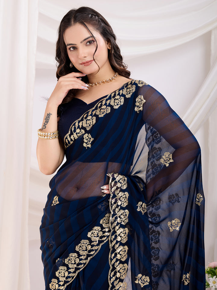 Designer Dark Blue Saree | Printed & Sequance Embroidery Work with Banglori Blouse